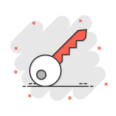 Çizgi roman tarzında anahtar simge. Beyaz izole edilmiş arkaplanda parola çizimi. Sıçrama etkisi iş konseptine erişim.