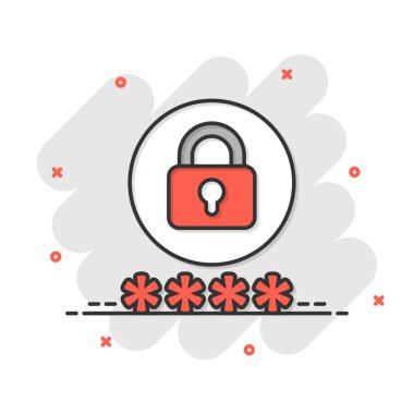 Çizgi roman biçiminde giriş simgesi. Beyaz izole arkaplanda parola erişimi çizgi film vektör illüstrasyonu. Asma kilit giriş sıçrama etkisi iş konsepti.