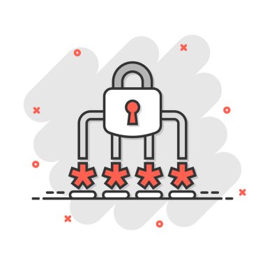 Çizgi roman biçiminde giriş simgesi. Beyaz izole arkaplanda parola erişimi çizgi film vektör illüstrasyonu. Asma kilit giriş sıçrama etkisi iş konsepti.