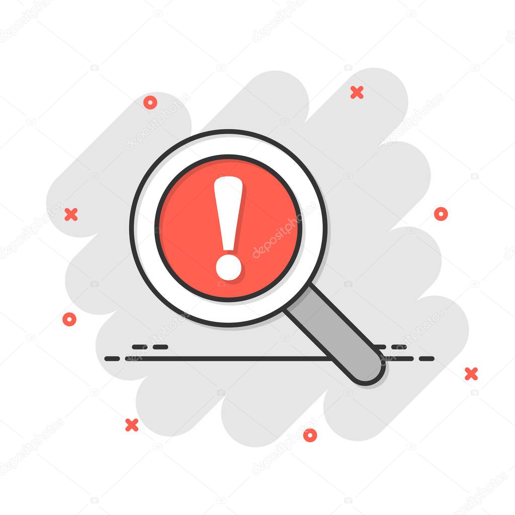 Risk analysis icon in comic style. Exclamation magnifier cartoon vector illustration on white isolated background. Attention splash effect business concept.