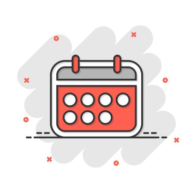 Çizgi roman tarzında takvim simgesi. Beyaz izole edilmiş arka planda ajanda vektör çizimi. Zamanlama planlayıcısı sıçrama etkisi iş konsepti.