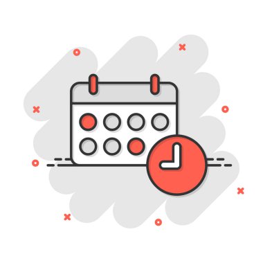 Çizgi roman tarzında takvim simgesi. Beyaz izole edilmiş arka planda ajanda vektör çizimi. Zamanlama planlayıcısı sıçrama etkisi iş konsepti.