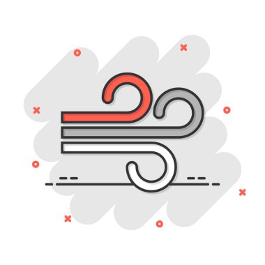 Çizgi roman tarzında rüzgar ikonu. Beyaz izole edilmiş arka planda hava karikatürü vektör çizimi. Rüzgâr sıçrama etkisi iş konsepti.