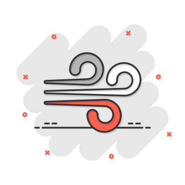 Çizgi roman tarzında rüzgar ikonu. Beyaz izole edilmiş arka planda hava karikatürü vektör çizimi. Rüzgâr sıçrama etkisi iş konsepti.