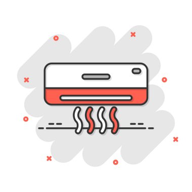 Komedi tarzında koşullandırıcı simgesi. Beyaz izole arkaplanda daha serin çizgi film vektör çizimi. Soğuk iklim sıçrama etkisi iş konsepti.