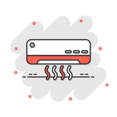 Komedi tarzında koşullandırıcı simgesi. Beyaz izole arkaplanda daha serin çizgi film vektör çizimi. Soğuk iklim sıçrama etkisi iş konsepti.