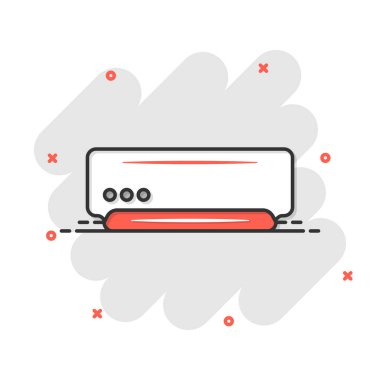 Komedi tarzında koşullandırıcı simgesi. Beyaz izole arkaplanda daha serin çizgi film vektör çizimi. Soğuk iklim sıçrama etkisi iş konsepti.