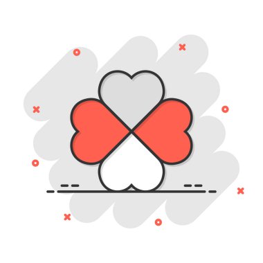 Çizgi roman tarzında dört yapraklı yonca simgesi. Beyaz izole arka planda Aziz Patrick Günü karikatür vektör çizimi. Çiçek şekli sıçrama etkisi iş konsepti.