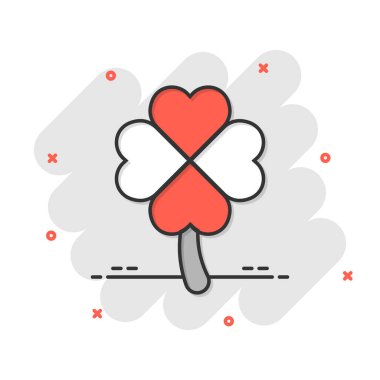 Çizgi roman tarzında dört yapraklı yonca simgesi. Beyaz izole arka planda Aziz Patrick Günü karikatür vektör çizimi. Çiçek şekli sıçrama etkisi iş konsepti.