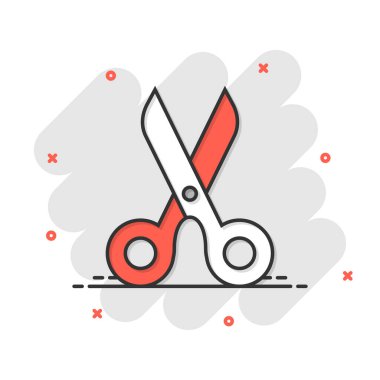 Çizgi roman tarzında makas simgesi. Beyaz izole arkaplanda ekipman karikatür çizimi. Kesici sıçrama etkisi iş konsepti.