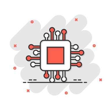 Çizgi roman tarzında bilgisayar işlemcisi simgesi. Beyaz izole edilmiş arka planda devre tahtası çizgi film vektör çizimi. Anakart çipi sıçrama etkisi iş konsepti.