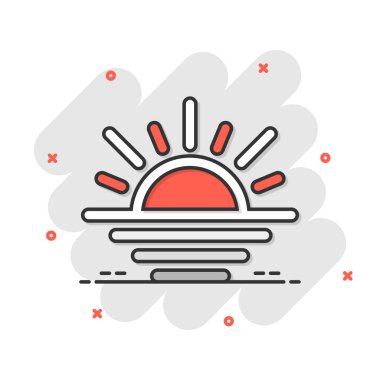 Komik bir güneş ikonu. Beyaz izole arkaplanda güneş ışığı çizgi film işareti vektör çizimi. Gün ışığı sıçrama etkisi iş konsepti.