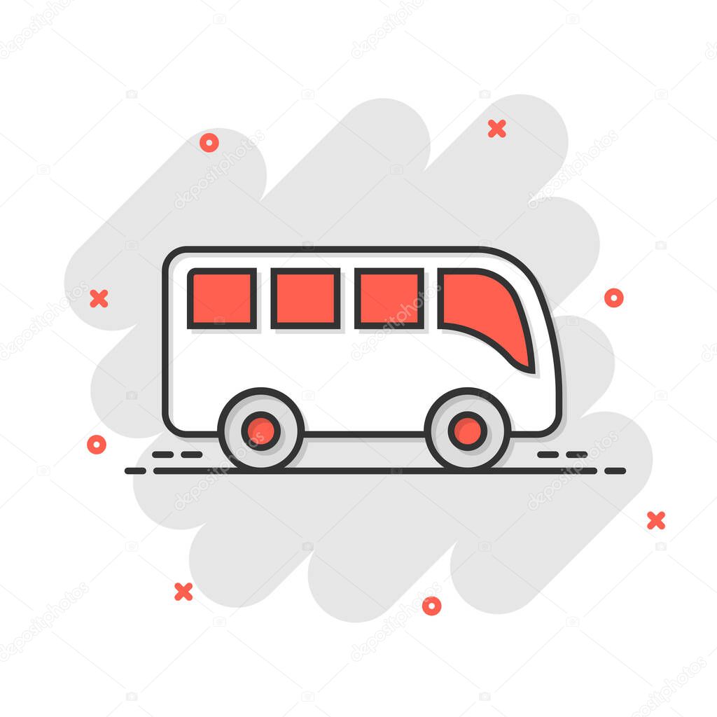 Bus icon in comic style. Coach cartoon vector illustration on white isolated background. Autobus vehicle splash effect business concept.