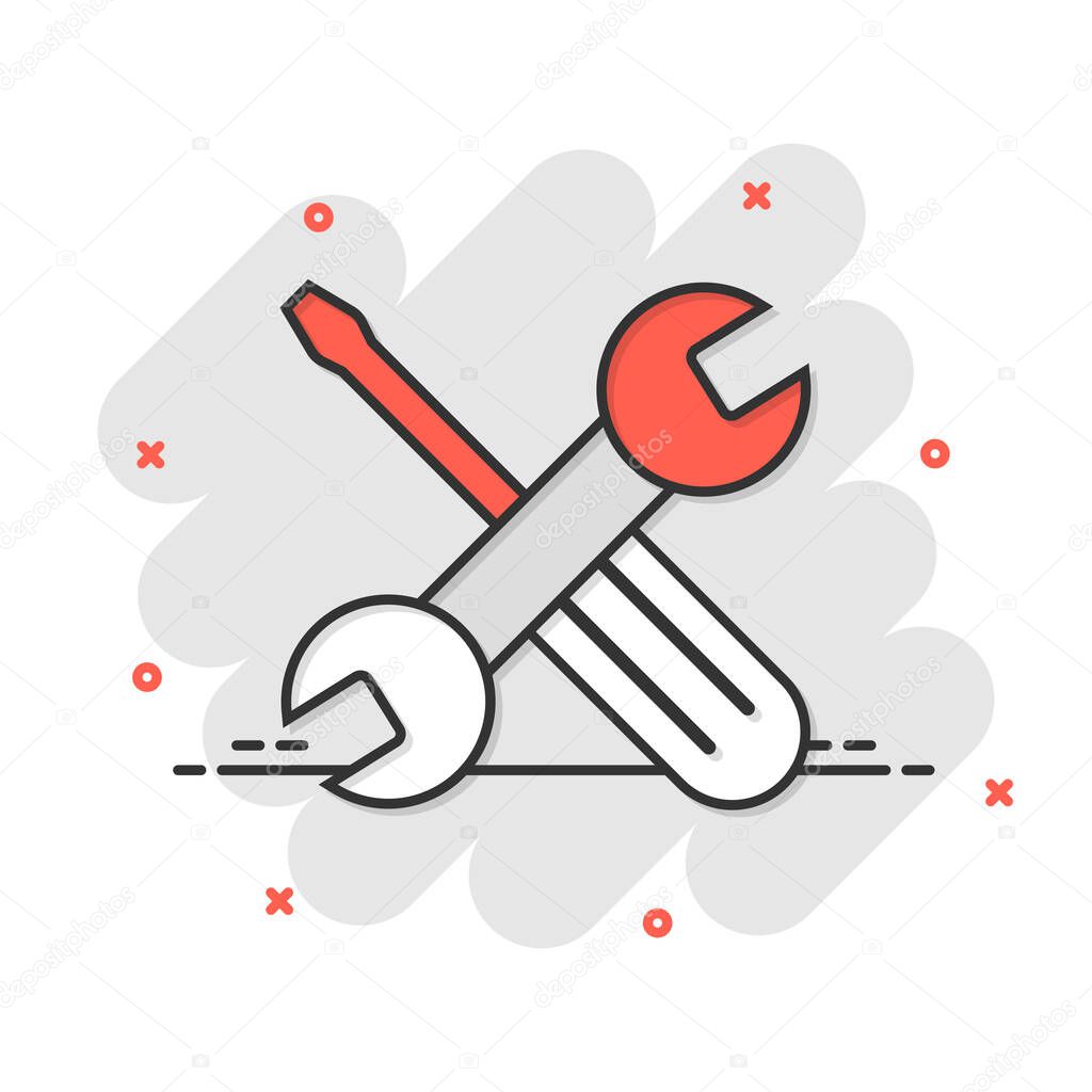 Wrench and screwdriver icon in comic style. Spanner key cartoon vector illustration on white isolated background. Repair equipment splash effect business concept.