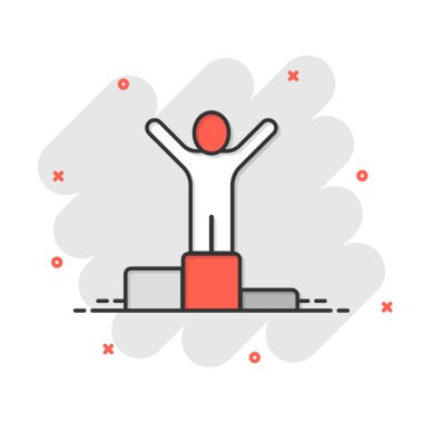 İnsanlar çizgi roman tarzında ikon kazanır. Beyaz izole arka planda podyum karikatür vektör illüstrasyonunda şampiyon. Ödül töreni iş dünyası konseptine sıçradı.