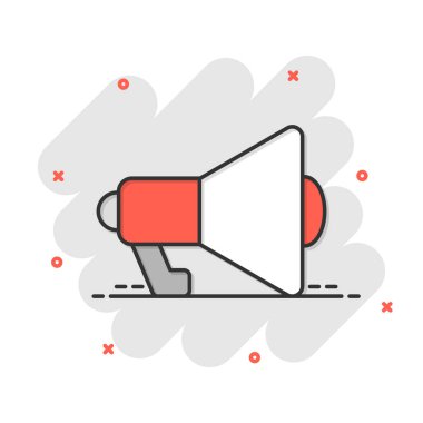 Çizgi roman tarzında megafon hoparlörü ikonu. Beyaz izole edilmiş arka planda Bullhorn çizgi film işareti vektör çizimi. Çığlık duyurusu, sıçrama etkisi iş konsepti.