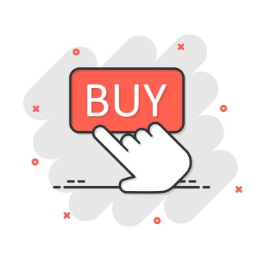 Çizgi roman tarzı bir dükkan ikonu al. İzole edilmiş arkaplanda parmak imleci çizgi film vektör çizimi. Sıçrama efekti iş konseptine tıklayın.