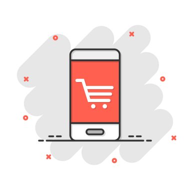 Online alışveriş ikonu. Beyaz izole edilmiş arka planda akıllı telefon mağazası çizgi film vektör çizimi. Piyasa sıçrama etkisi iş konsepti.
