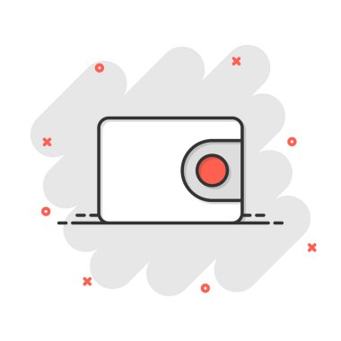 Çizgi roman tarzında cüzdan simgesi. Beyaz izole edilmiş arka planda çanta karikatür çizimi. Mali çanta sıçrama etkisi iş konsepti.