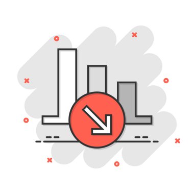 Çizgi roman tarzında pazar eğilimi simgesi. Beyaz izole edilmiş arka planda büyüteç çizgi film vektör illüstrasyonuyla oku reddet. Sıçrama etkisi iş konseptini azalt.