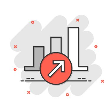 Çizgi roman tarzında pazar eğilimi simgesi. Beyaz izole arkaplanda büyüteç çizgi film vektör illüstrasyonuyla büyüyen ok. Sıçrama etkisi iş konseptini arttır.