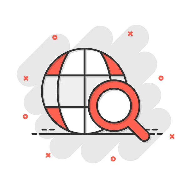 Globe Search Icoon Stripstijl Netwerk Navigatie Cartoon Vector Illustratie Witte — Stockvector