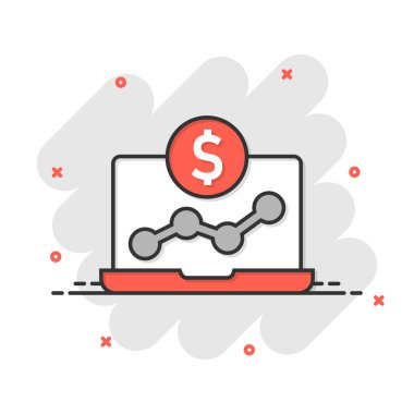 Dizüstü bilgisayar çizelgesi simgesi. Para şeması, beyaz izole edilmiş arka planda vektör çizimi. Finansal süreç iş dünyası kavramını su yüzüne çıkardı.