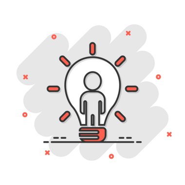 Çizgi roman tarzında ampul simgesi olan insanlar. Beyaz izole edilmiş arka planda çizgi film vektör koleksiyonu fikri. Beyin zihin sıçrama etkisi iş konsepti.