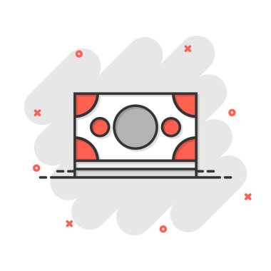 Dolar banknot simgesi, komik bir şekilde. Beyaz izole edilmiş arka planda dolar nakit karikatür vektör çizimi. Banknote yasa tasarısı çarpma etkisi iş konsepti.