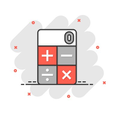 Çizgi roman tarzında hesap makinesi simgesi. Beyaz izole arkaplandaki çizgi film vektör çizimini hesapla. Hesaplama sıçrama etkisi iş konsepti.