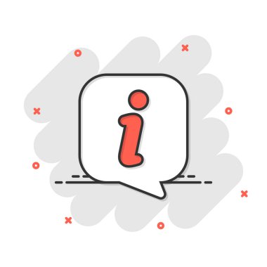 Çizgi roman tarzında bilgi simgesi. SSS, beyaz izole edilmiş arka planda karikatür vektör illüstrasyonuna yardım eder. Yardım masası sıçrama efekti iş konsepti.