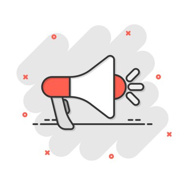 Çizgi roman tarzında megafon hoparlörü ikonu. Beyaz izole arka planda Bullhorn çizgi film vektör çizimi. Çığlık duyurusu, sıçrama etkisi iş konsepti.