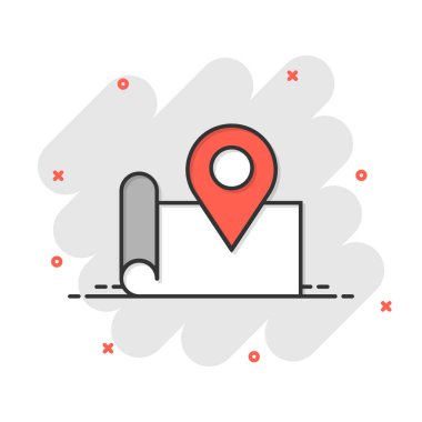 Harita simgesi simgesi çizgi romanda. GPS navigasyon karikatür vektör çizimi beyaz izole arka planda. Pozisyon sıçrama etkisi iş konseptini belirle.