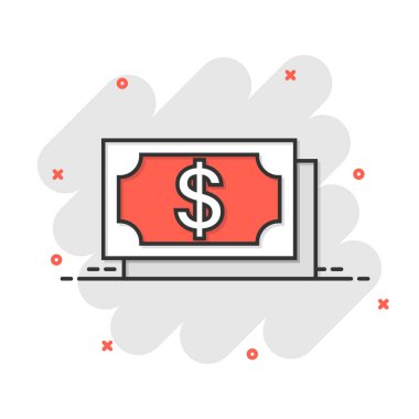 Çizgi roman tarzında para ödülü ikonu. İzole edilmiş beyaz arka planda nakit karikatür vektör çizimi. Banknote yasa tasarısı çarpma etkisi iş konsepti.