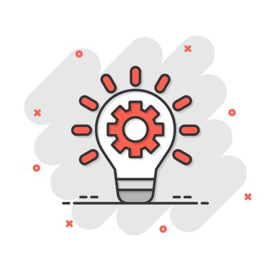 Çizgi roman tarzında yenilik simgesi. Beyaz izole edilmiş arka planda çarklı çizgi film vektör illüstrasyonlu ampul. Fikir sıçrama etkisi iş konsepti.