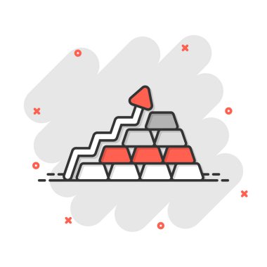 Çizgi roman tarzında altın yığını fiyat artışı simgesi. Beyaz izole edilmiş arka planda gümüş tuğlalı çizim çizimi. Metal bankacılık su sıçratma etkisi iş konsepti.