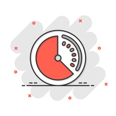 Çizgi roman tarzında saat simgesi. Beyaz izole edilmiş arka plandaki çizgi film vektör çizimini izleyin. Zamanlayıcı sıçrama etkisi iş konsepti.