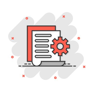 Çizgi roman tarzında dişli simgesi olan belge. Beyaz izole edilmiş arka planda büyük veri işleme çizgi film vektör çizimi. Kağıt sayfası yazılım çözümü sıçrama etkisi iş konsepti.