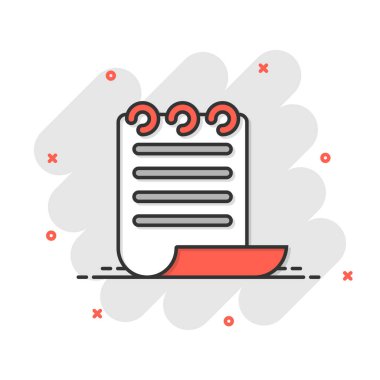 Çizgi roman tarzında belge notu simgesi. Beyaz zemin üzerinde kağıt sayfa çizgi film vektör çizimi. Not defteri belgesi sıçrama etkisi iş konsepti.