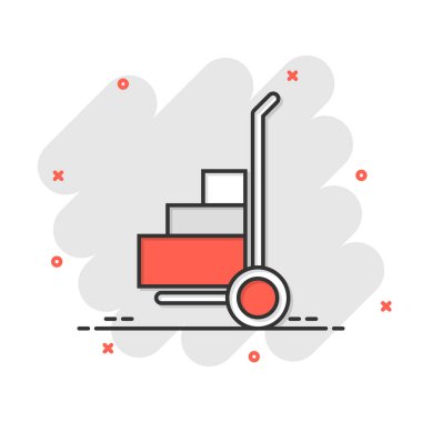 Çizgi roman tarzında bir yük arabası ikonu. Kargo kutusu karikatür vektör çizimi beyaz izole arka planda. Kutu taşımacılığı sıçrama etkisi iş konsepti.