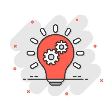 Çizgi roman tarzında yenilik simgesi. Beyaz izole edilmiş arka planda çarklı çizgi film vektör illüstrasyonlu ampul. Fikir sıçrama etkisi iş konsepti.