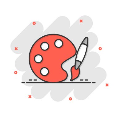 Çizgi roman tarzında boya fırçası simgesi. Beyaz izole arkaplanda palet karikatür vektör çizimi. Ressam enstrümanı su sıçratma etkisi iş konsepti.