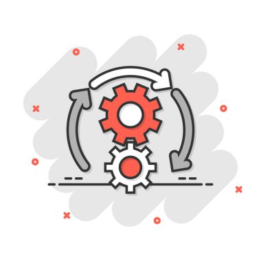 Çizgi roman tarzında çalışma akışı simgesi. Beyaz izole edilmiş arka planda etkili çizgi film vektör çizimi. İşlem organizasyonu sıçrama etkisi iş konsepti.