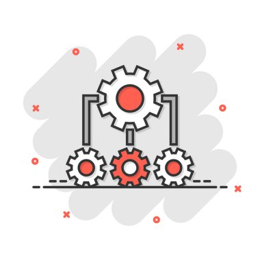 Çizgi roman tarzında gelişme simgesi. Beyaz izole edilmiş arkaplanda vites projesi karikatür vektör çizimi. Üretkenlik, iş dünyasının etkisini artırıyor.