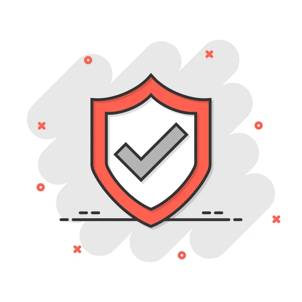 Shield Check Mark Icon Comic Style Protect Cartoon Vector Illustration — Stock Vector