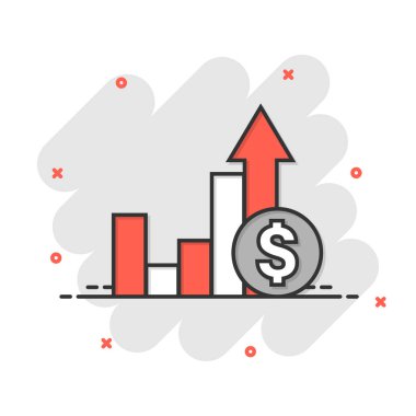 Çizgi roman tarzında büyüyen ok simgesi. Gelir karikatürü, beyaz izole edilmiş arka planda vektör çizimi. Sıçrama etkisi iş konseptini arttır.
