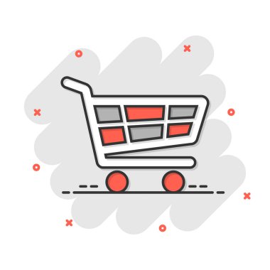 Çizgi roman tarzında alışveriş arabası ikonu. Beyaz izole edilmiş arka planda Tramvay karikatür çizimi. Sepet sıçrama etkisi iş konsepti.