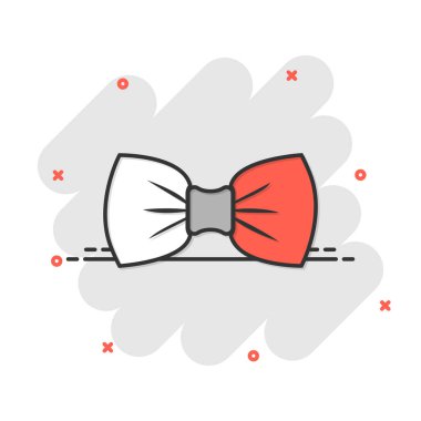 Çizgi roman tarzında papyon ikonu. Beyaz izole edilmiş arka planda Bowtie karikatür vektör çizimi. Kelebek sıçrama etkisi iş konsepti.