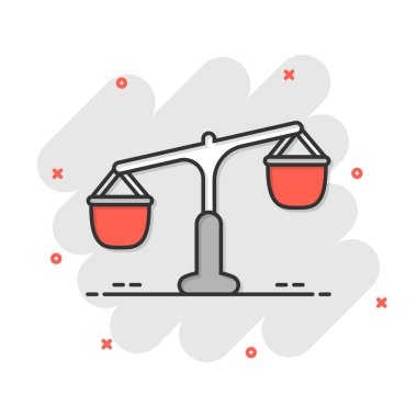 Denge simgesini çizgi roman tarzında ölçeklendir. Beyaz izole edilmiş arka planda Adalet çizgi filmi vektör illüstrasyonu. Yargı sıçrama etkisi iş konsepti.