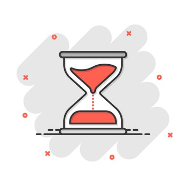 Çizgi roman tarzında kum saati simgesi. Beyaz izole edilmiş arka planda kum camı çizimi. Saat sıçrama etkisi iş konsepti.